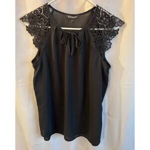 Express Black Semi Sheer Top With Delicate Lace Cap Sleeves Size Medium